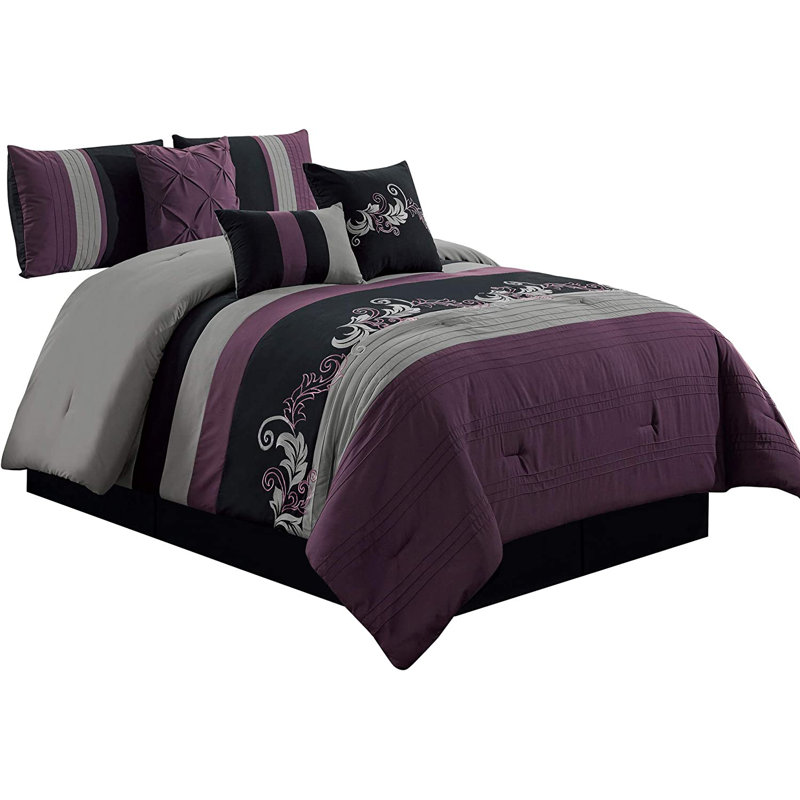 Full Purple and Gray Microfiber Floral Comforter Set