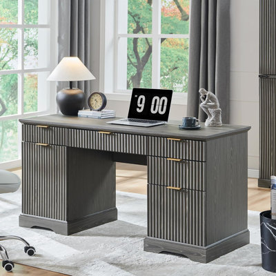 Modern Executive Desk With Power Outlet, Wood Home Office Desk With Drawer & Storage Cabinet