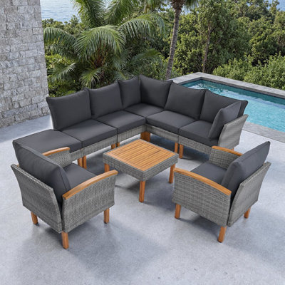 Ensemble de canapé modulaire en rotin 9 pièces pour patio - Pieds et plateau en bois d'acacia, rotin en PE, coussins lavables - Ensemble de conversation avec table basse pour le jardin, la terrasse ou le bord de la piscine