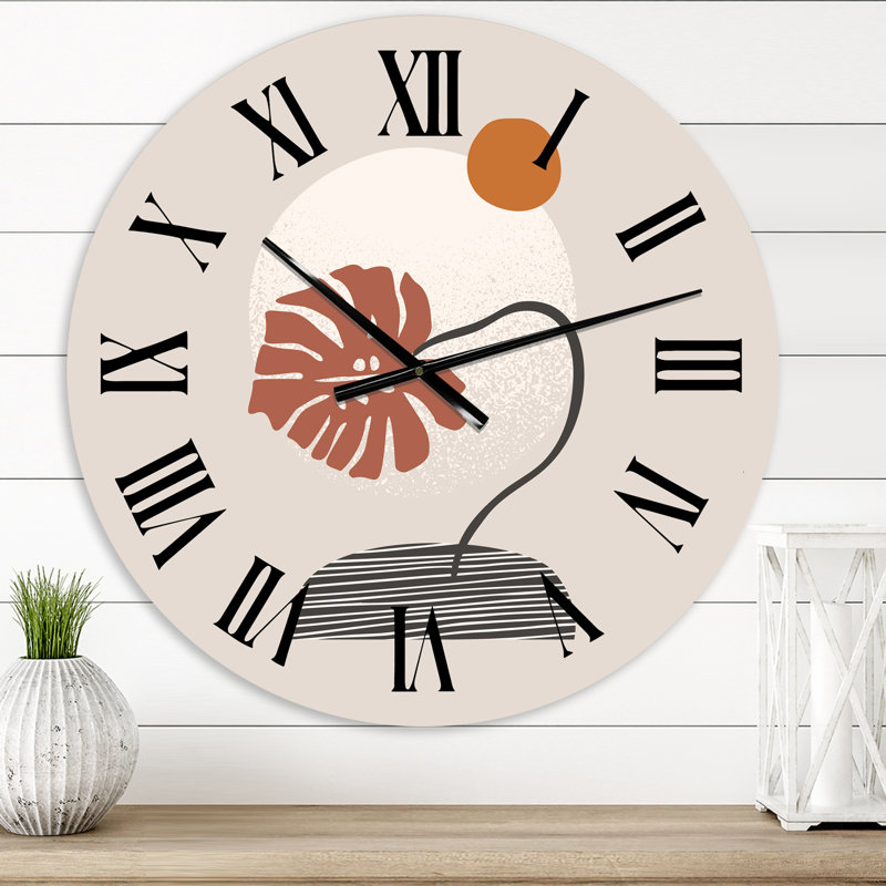 Feuille de palmier tropical et formes géométriques abstraites III - horloge murale moderne, Moyen