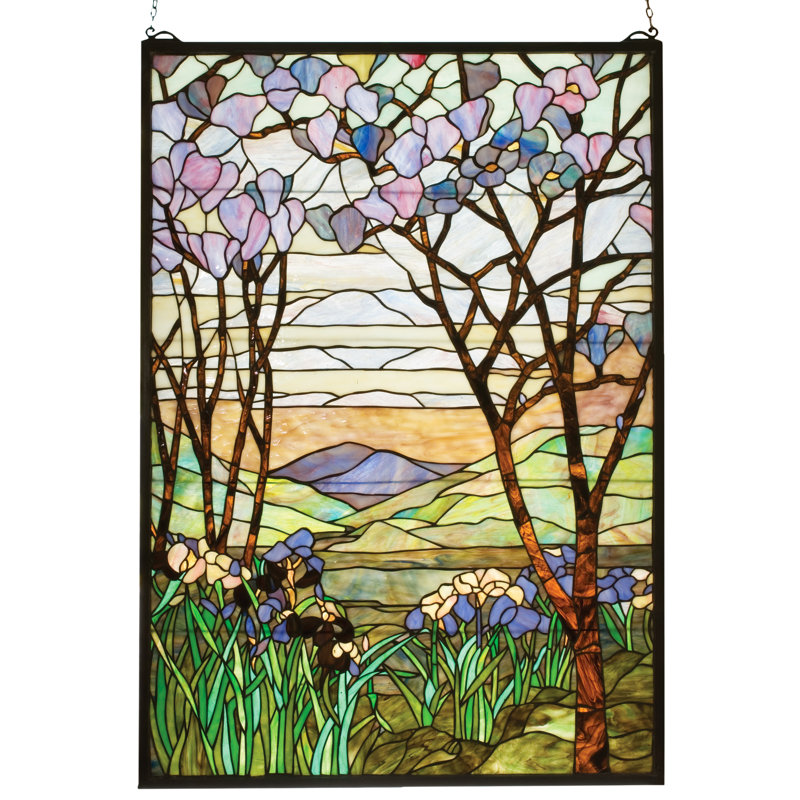 Victorian Tiffany Magnolia and Iris Stained Glass Window