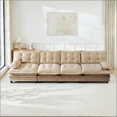 138 Inch 4-Seater Cloud Sofa, Modular Sectional Couch With Deep Comfort And Lattice Decorated Cushions, Breathable Chenille Fabric In Light Coffee