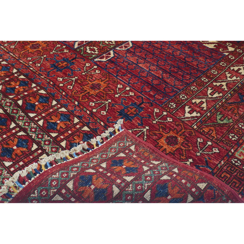 Hand Knotted Wool Southwestern Area Rug in Red/Navy/Ivory/Green