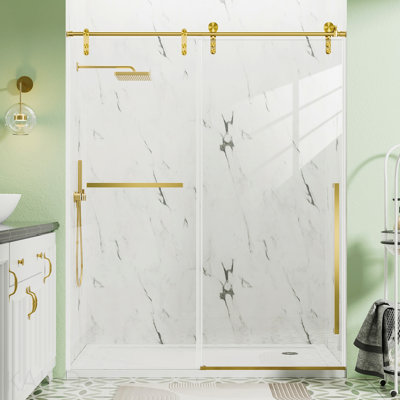 Porte de douche coulissante sans cadre l 56 à 60 po x H 75 po, écran de douche doré brossé, verre trempé transparent de 5/16 po (8 mm) avec film antidéflagrant