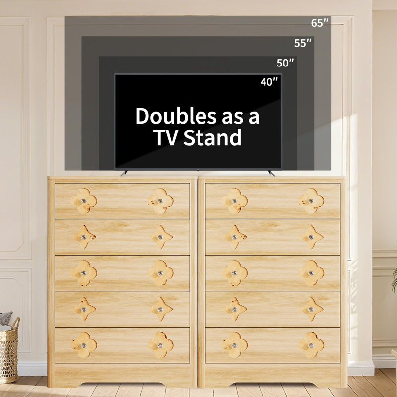 46.1" Tall 5 Drawer Wood Dresser with Decorative Fronts & Crystal Knobs, Narrow Storage Chest, Natural