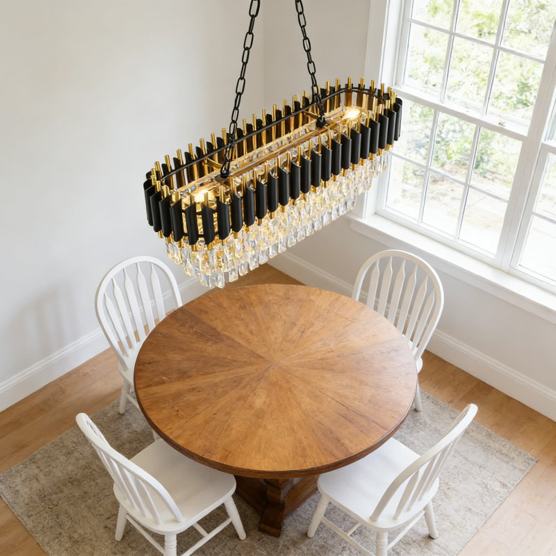 Lustre moderne en cristal linéaire avec cristaux en forme de goutte d'eau, luminaire suspendu encastré noir pour salle à manger, salon, îlot de cuisine, 8 lumières avec chaîne réglable