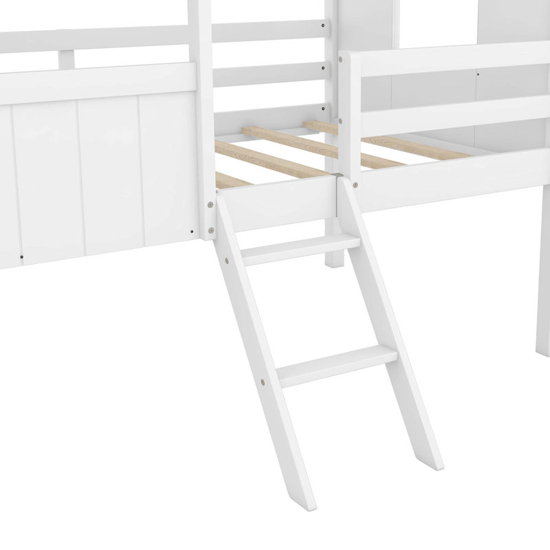 Lit mezzanine en bois avec 2 fenêtres latérales, Blanc / Gris