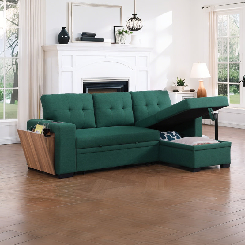 Canapé modulaire coulissant en lin 92 po avec méridienne de rangement, port USB et porte-gobelet 92 po, Lin vert
