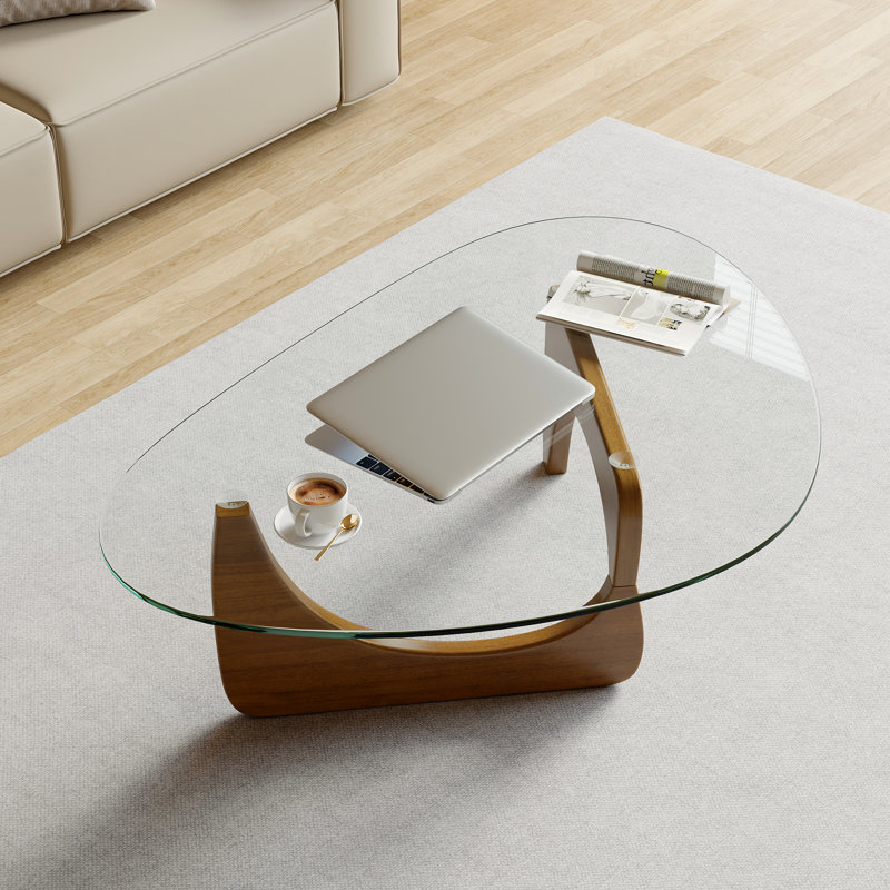 Triangle Glass Coffee Table With Solid Wood Base Abstract Glass Table for Living Room, Walnut/Clear
