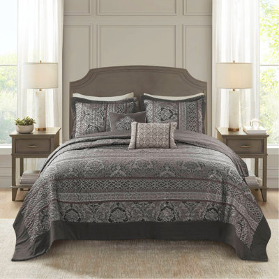 Ensemble de couvre-lit réversible 5 pièces pour lit très grand 5 pièces, gris
