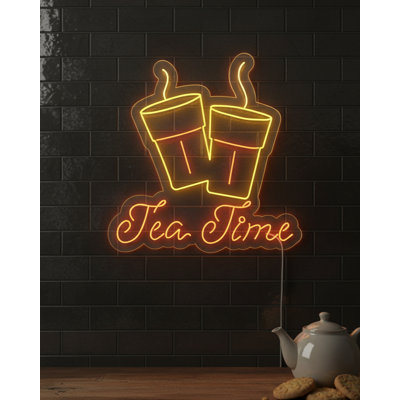  | Enseigne néon Tea Time | Fabriqué avec des tubes néon incassables de haute qualité pour un éclairage lumineux et durable et une efficacité énergétique | 24 x 23 | Blanc chaud et orange
