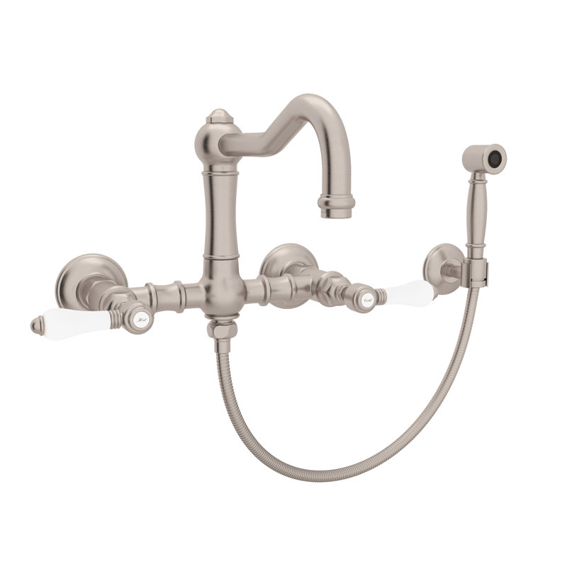 Acqui Wall Mount Bridge Kitchen Faucet With Sidespray And Column Spout, Satin Nickel
