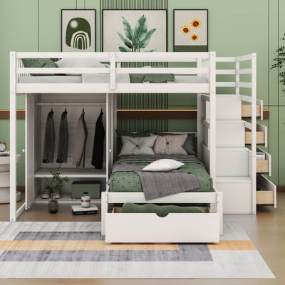 Lit superposé double au-dessus de simple avec garde-robe et tiroirs Jeroline