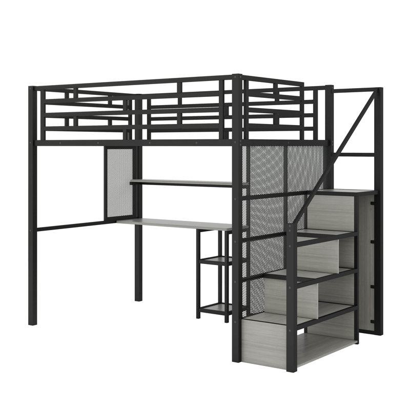 Lit mezzanine avec garde-robe, bureau, tablettes de rangement, Noir