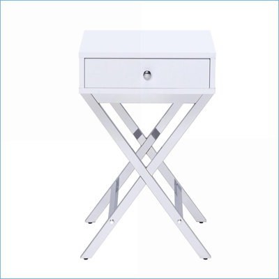 Blanc et blanc Table basse chromée peu encombrante avec 1 tiroir, base en X moderne pour petits espaces