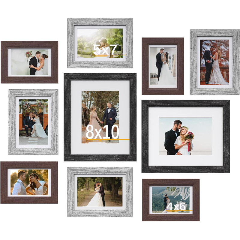 10 Pack Picture Frames Collage Wall Decor, Gallery Wall Frame Set With Mat For Wall Mounting Or Tabletop Display, Including Two 8X10, Four 5X7, Four 4X6 Family Photo Frames, Black Grey Brown