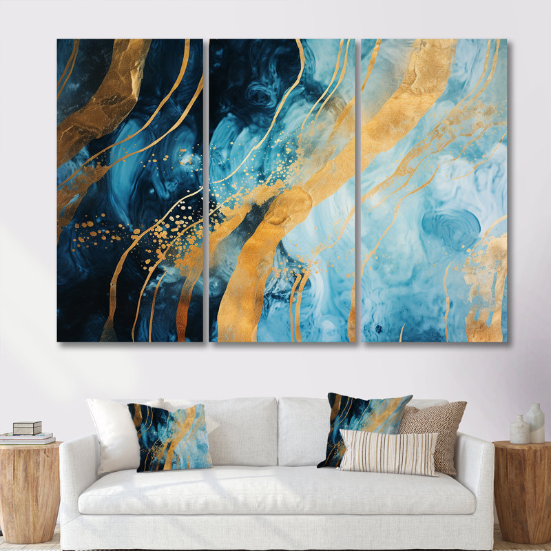 «Blue Sparkling Glam Gold Streams - Abstract Modern Waves», ensemble de reproduction d'art mural, Toile tendue