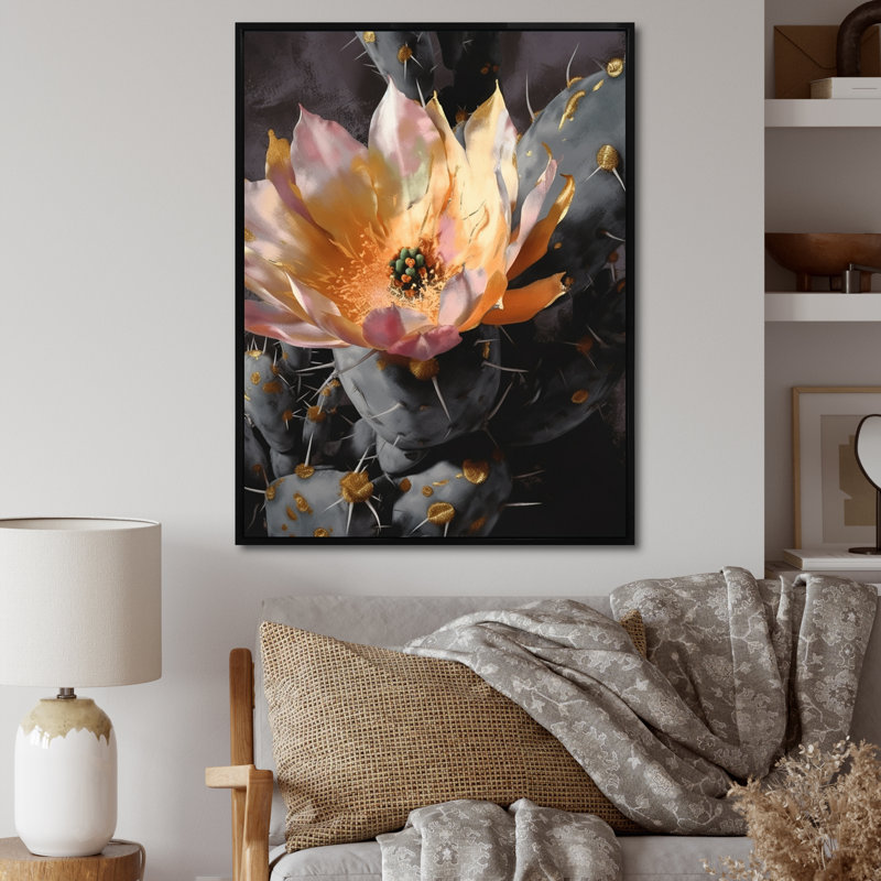Fleur de cactus orange gris I - impression, H 32 po x l 24 po x P 1 po, Cadre flottant noir