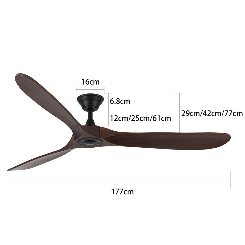 Solid Wood Ceiling Fan with  Remote, Brown, 177cm