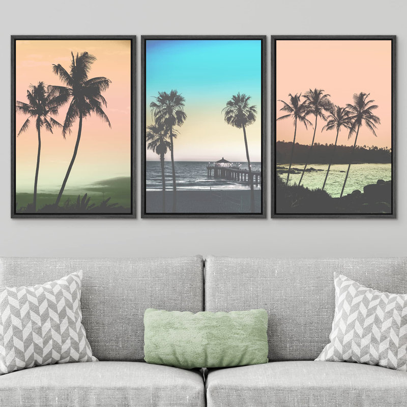 " Tropical Neon Sky Palm Tree Beach Island Coastal Nautical Photography Modern Art Seascape Relax " 3 - Pieces, Noir