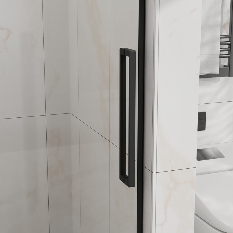 Porte de douche semi-automatique de 48 à 72 po, verre trempé épais de 1/4 po avec revêtement résistant, acier inoxydable noir mat, ouverture réversible à gauche ou à droite, conception à éclaboussures imperméables, roulettes lisses pour une utilisation à l'intérieur
