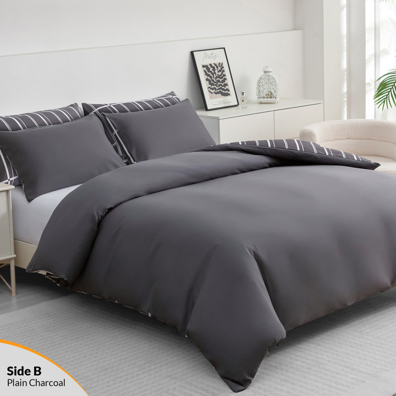 Soft Touch Reversible Duvet Cover Set with Secure Zipper & Corner Ties, Single Duvet Cover + 1 Standard Pillowcase, Grey