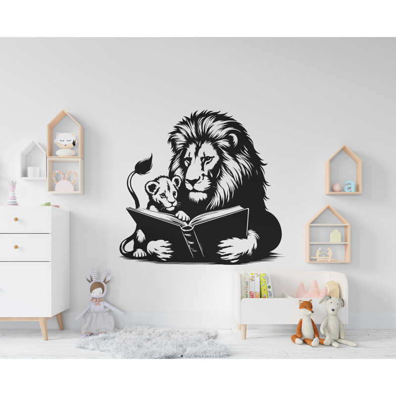 Adhésif décoratif «Un lion mignon» lisant un livre et lisant des livres, H 38 po x l 35 po, Noir mat