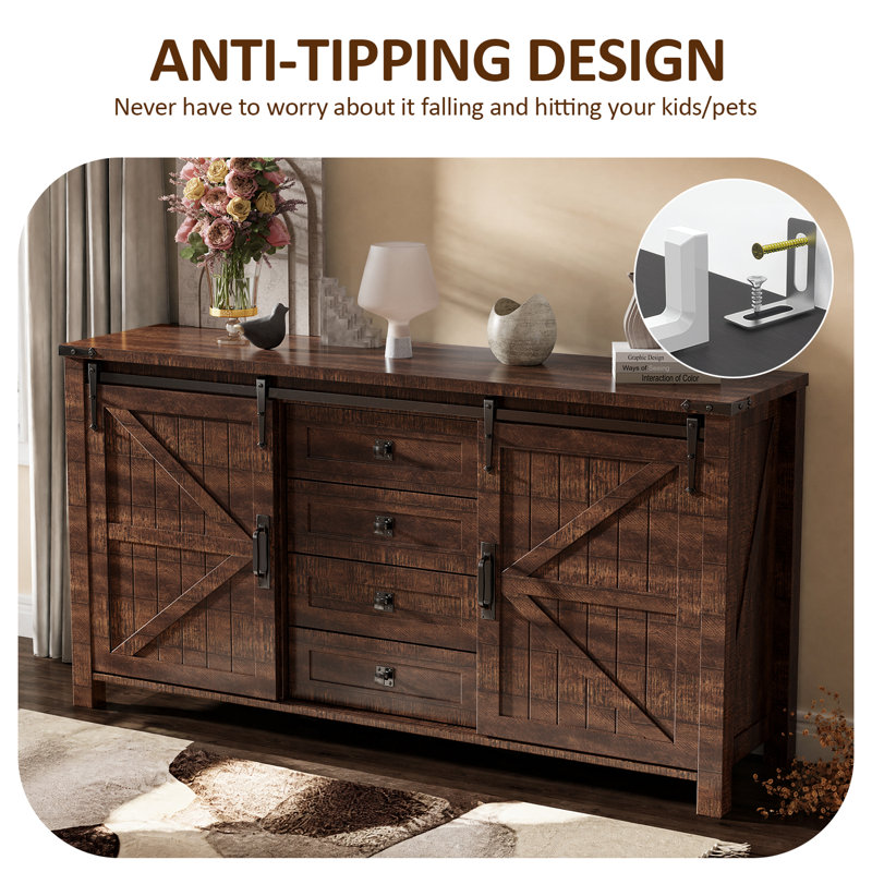 60'' Farmhouse Dresser Chests with 4 Drawers and 2 Cabinets, Brown