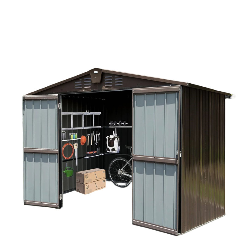 Remise de jardin 10 'x 8' en métal, double porte imperméable avec serrure ventilée brune pour l'extérieur en métal antirouille et verrouillable