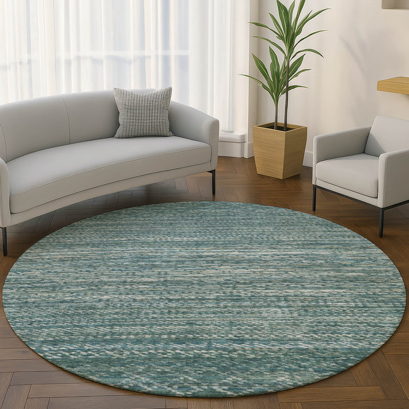 Premium Machine Washable Mayfield AMF2150 Striped Rug, Teal, Round 8'