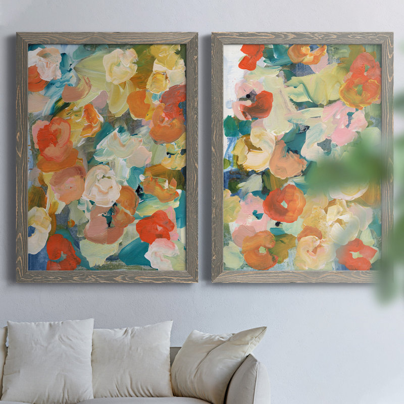«Country Flowers I», ensemble de 2 peintures sur toile encadrées, H 31,5 po x l 47 po x P 1,5 po, Toile avec cadre gris
