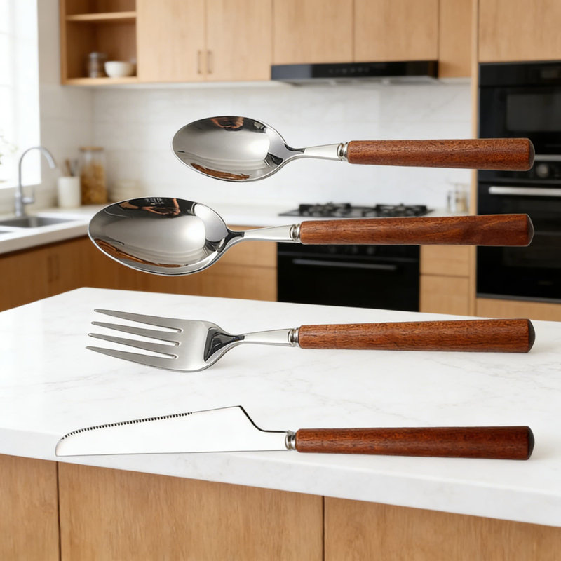 Ensemble de couverts en acier inoxydable avec poignée en bois, couverts de style rétro 16 pièces pour steak, dessert et repas de tous les jours