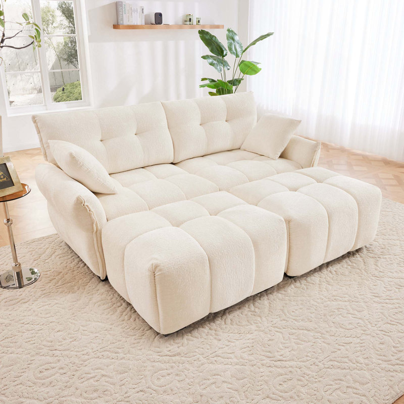 Canapé en tissu d'ameublement à 2 places avec 2 repose-pieds Chenille, Blanc