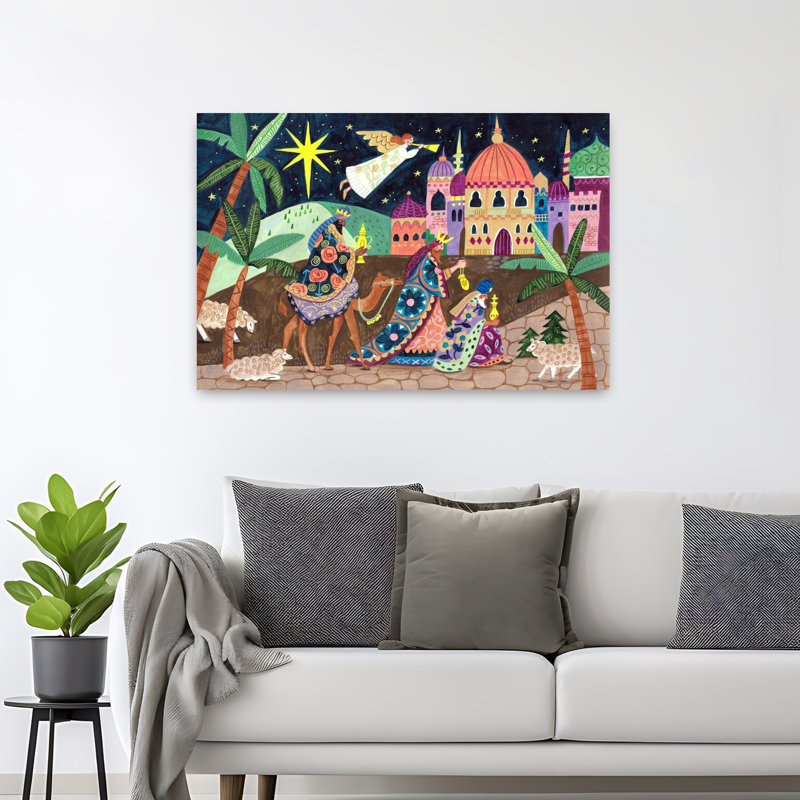 Three Wise Men And An Angel Christmas Colorful Vibrant Abstract Palm Tree Landscape Nature Wall Art Print 1 Piece Wrapped Canvas Wall Art