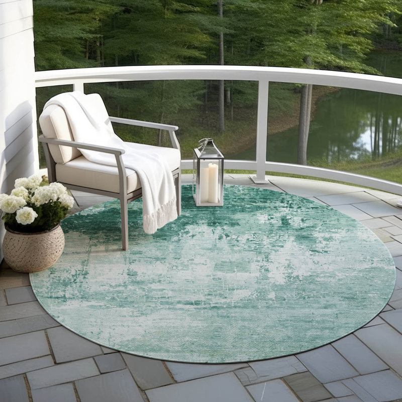 Machine Washable Indoor/Outdoor Xhevrie Aqua Rug, Round 8'