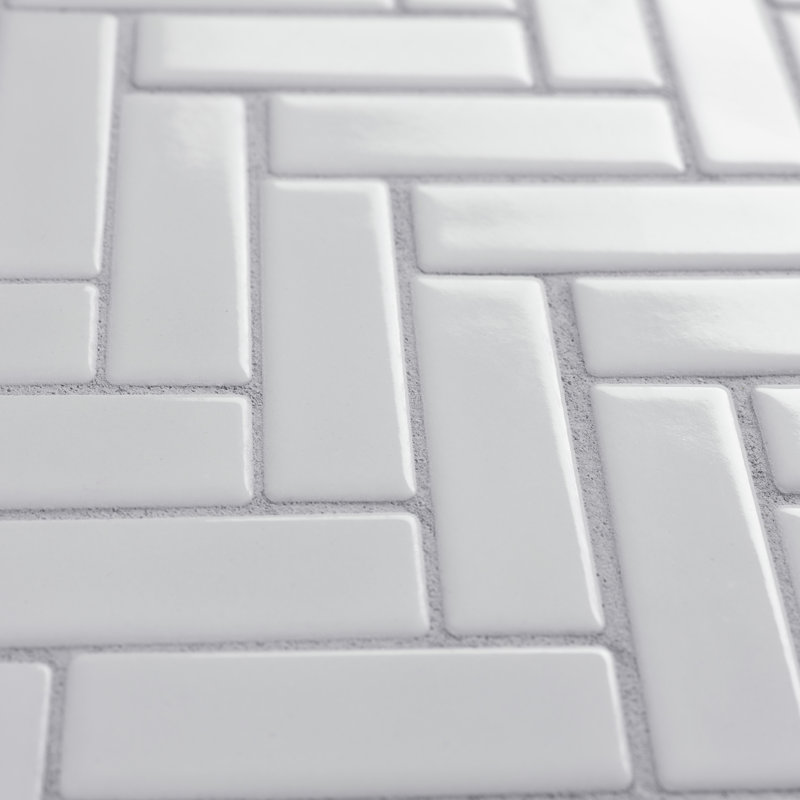 Metro Brick Herringbone 10-5/8 " x 12-1/2 " Porcelain Mosaic Floor and Wall Tile, Glossy White