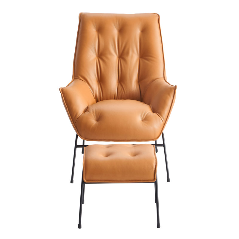 Fauteuil d'appoint capitonné avec repose-pieds Veranzano, Cuir véritable orange