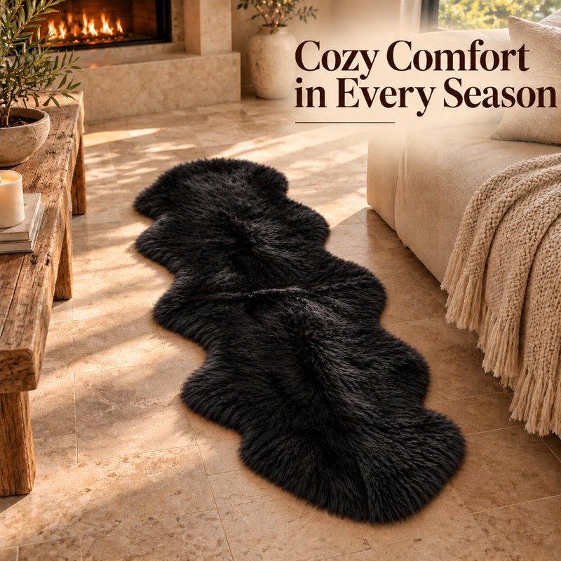 Willems 2' X 3' Black Shag Sheepskin Area Rug, Novelty 2' x 6'