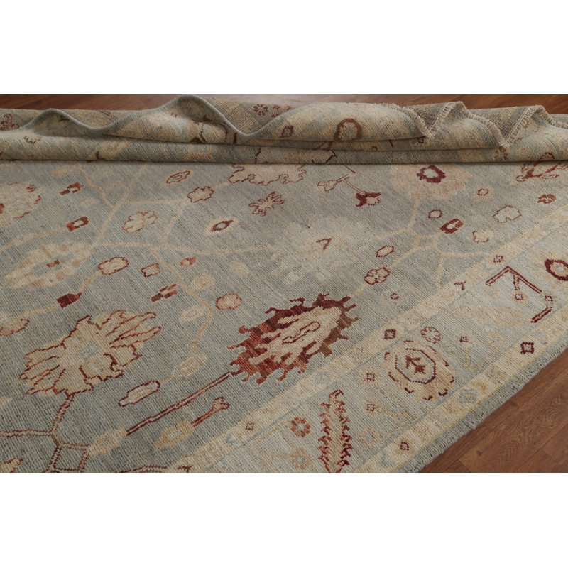 Tapis floral bleu / orange en laine noué à la main 5 pi 9 po x 9 pi 1 po Floral