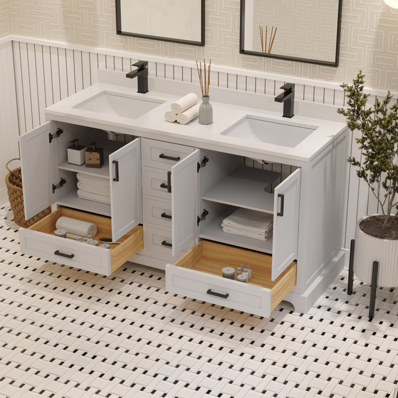 Meuble-lavabo double 60 po Maya avec comptoir en quartz blanc Maya, Noir mat, Blanc