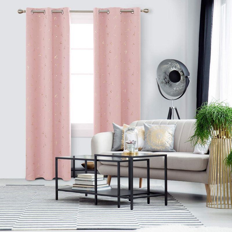 Foil Printed Constellation Pattern Blackout Grommet Curtains (Set of 4), 42" W x 108" L, Coral Pink
