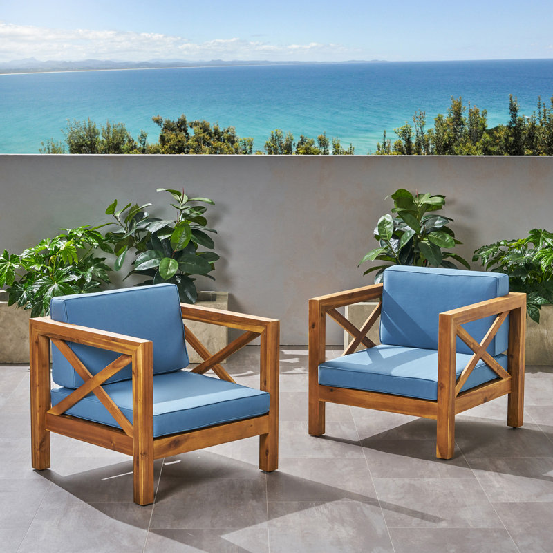 Fauteuil d'extérieur avec coussins Damico, Structure teck / coussins bleu