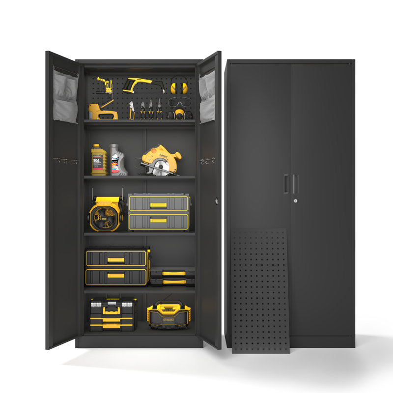 Tall Metal Garage Storage Cabinet With Locking Doors And Pegboard