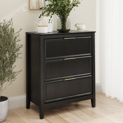 3 Drawer Dresser, Fluted Design, Modern Wood Storage Cabinet, Onyx Birch