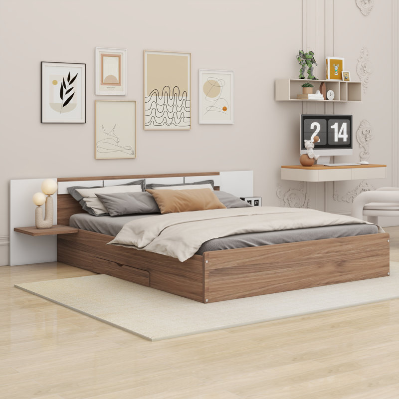 Revkah Storage Platform Bed, Bed with Headboard, Drawers, Shelves, USB Ports and Sockets, Natural