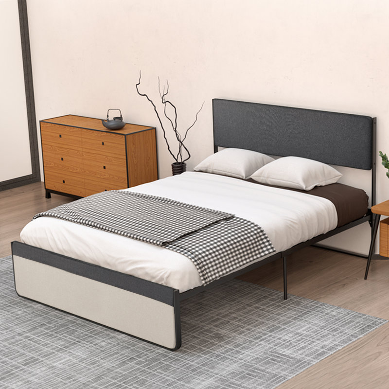 Lit plateforme double / grand tapissier avec tête de lit et 2 tiroirs de rangement gris, Lit double