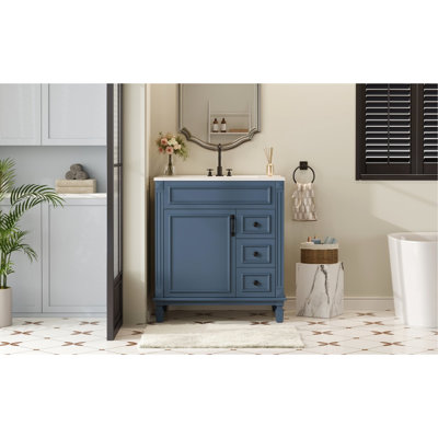 Meuble-lavabo de 30 po avec lavabo en céramique, rangement à 2 tiroirs et tablette réglable, avec tiroirs à fermeture en douceur, fonctionnement silencieux dans les petites salles de bain, lavabo de 30 po, deux tiroirs, idéal pour