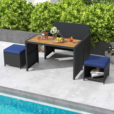 4 Pcs Outdoor Dining Set, Rattan Loveseat Chair & 2 Ottomans Blue