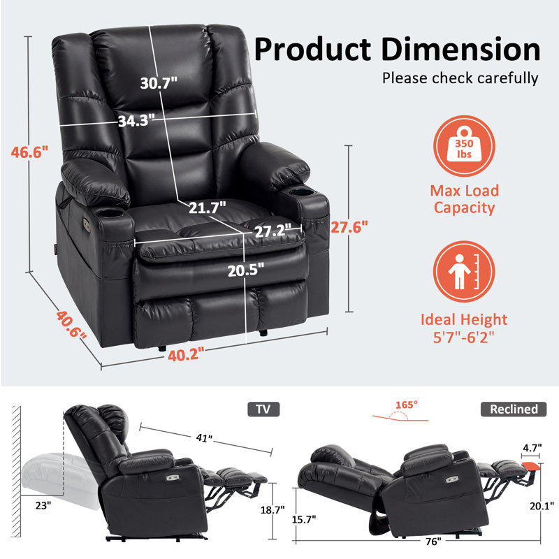 Fauteuil inclinable électrique à deux moteurs avec massage et chauffage Evslin, Noir