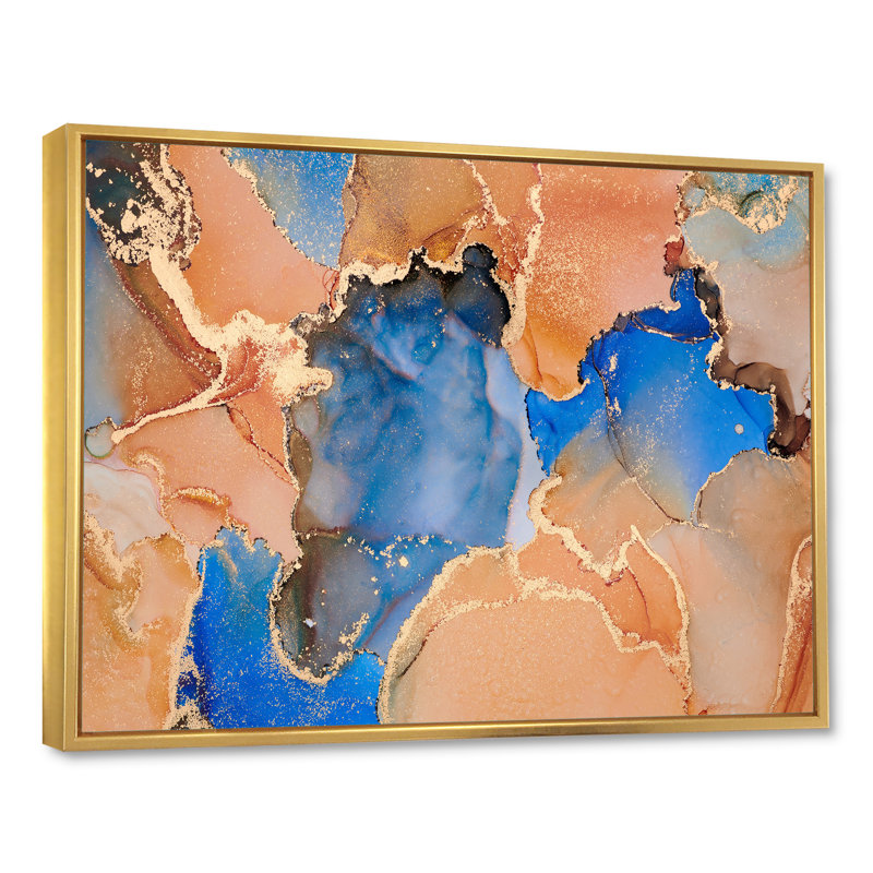 «Blue and Orange Luxury Abstract Fluid Art», peinture sur toile, Cadre flottant doré, H 16 po x l 32 po